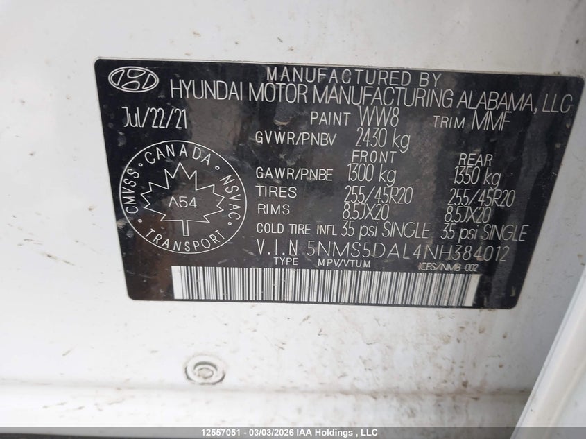 2022 Hyundai Santa Fe Ultimate Calligraphy VIN: 5NMS5DAL4NH384012 Lot: 12557051