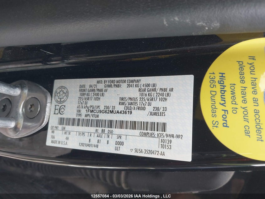 2021 Ford Escape Se VIN: 1FMCU9G62MUA43619 Lot: 12557084