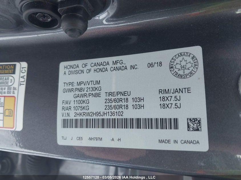 Auction sale of the 2018 HONDA CR V , vin: 2HKRW2H95JH136102, lot number: 12557120