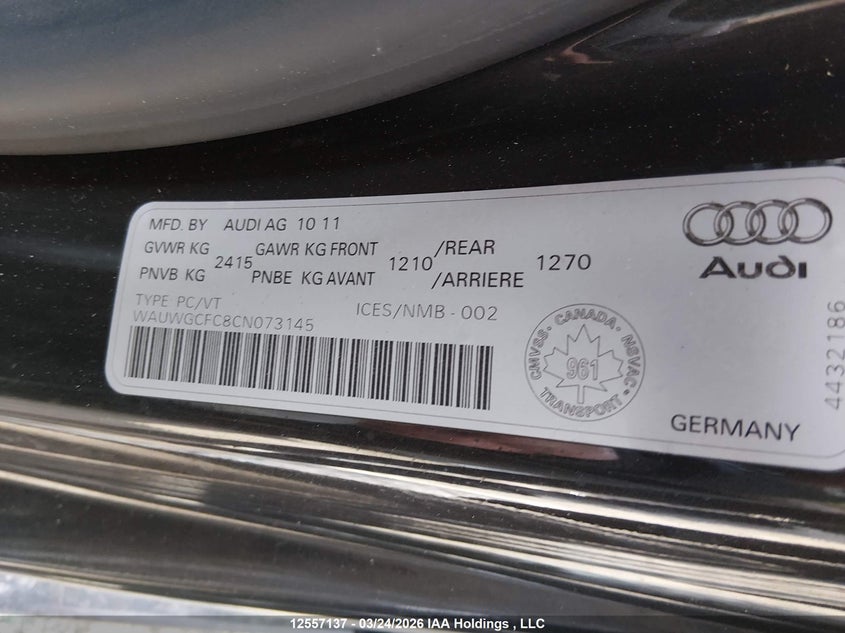 2012 Audi A7 Premium VIN: WAUWGCFC8CN073145 Lot: 12557137