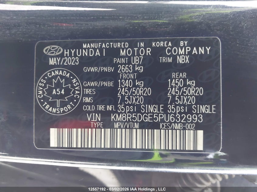 2023 Hyundai Palisade Limited VIN: KM8R5DGE5PU632993 Lot: 12557192