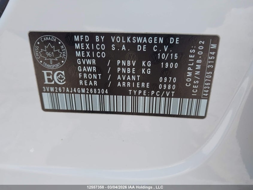 2016 Volkswagen Jetta VIN: 3VW267AJ4GM268304 Lot: 12557358