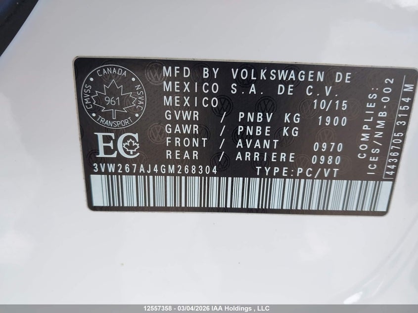 2016 Volkswagen Jetta VIN: 3VW267AJ4GM268304 Lot: 12557358