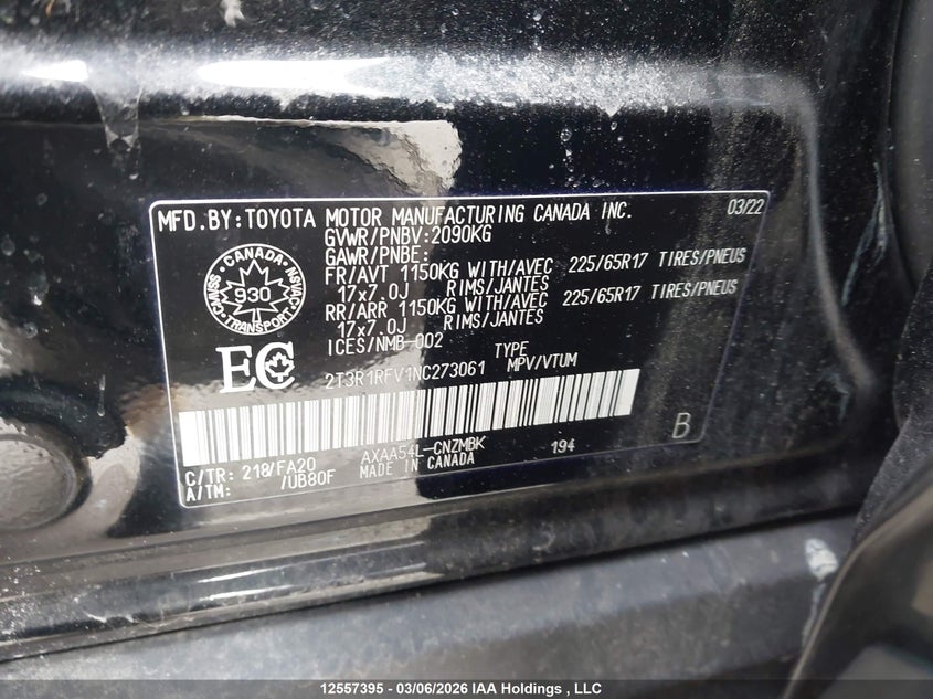 2022 Toyota Rav4 Xle/Xle Premium VIN: 2T3R1RFV1NC273061 Lot: 12557395