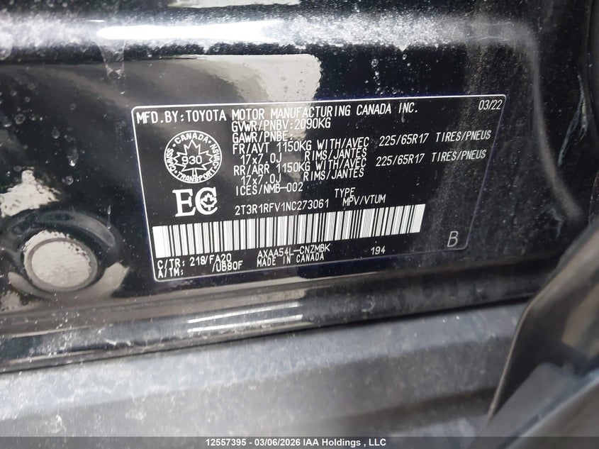 2022 Toyota Rav4 Xle/Xle Premium VIN: 2T3R1RFV1NC273061 Lot: 12557395