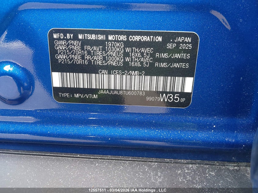 2026 Mitsubishi Rvr Es Awc VIN: JA4AJUAU8TU600783 Lot: 12557511