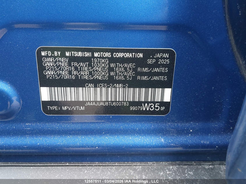 2026 Mitsubishi Rvr Es Awc VIN: JA4AJUAU8TU600783 Lot: 12557511