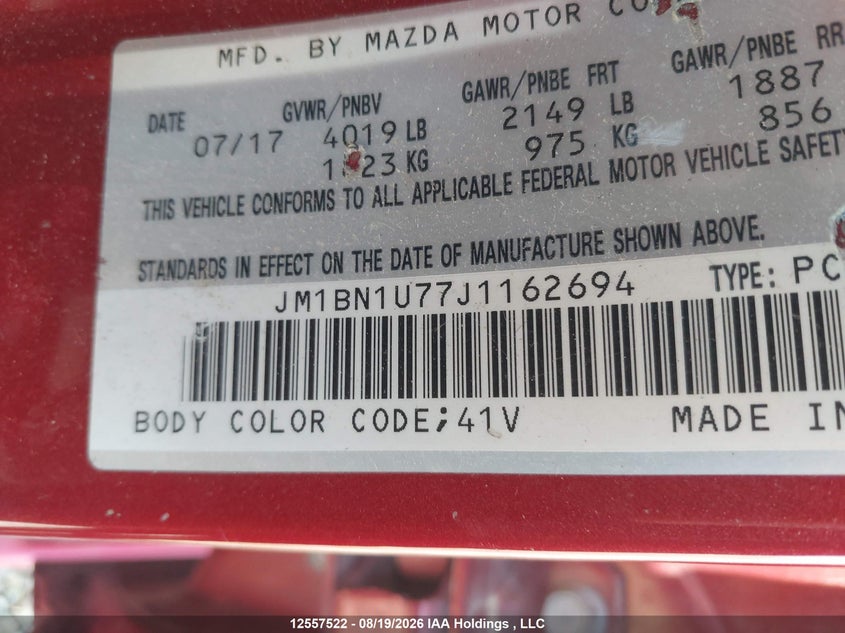 2018 MAZDA 3 SEDAN 2.0L I-4 DI, DOHC, VVT, 156HP