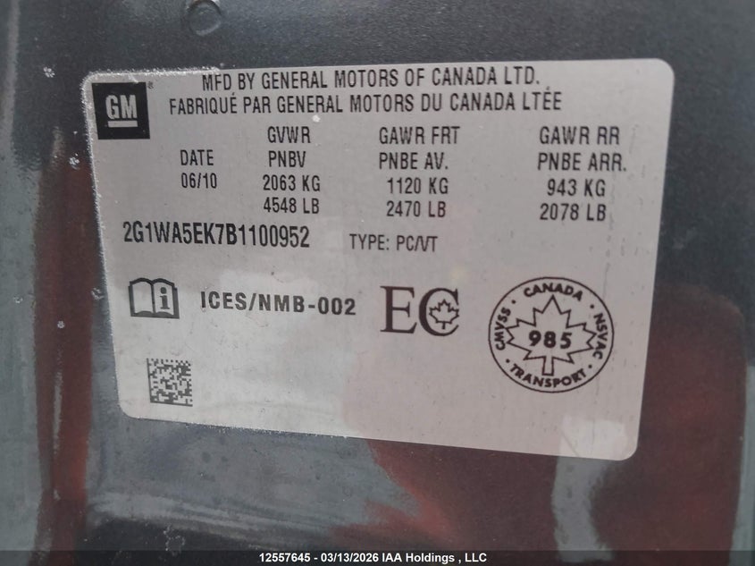 2011 Chevrolet Impala Ls VIN: 2G1WA5EK7B1100952 Lot: 12557645