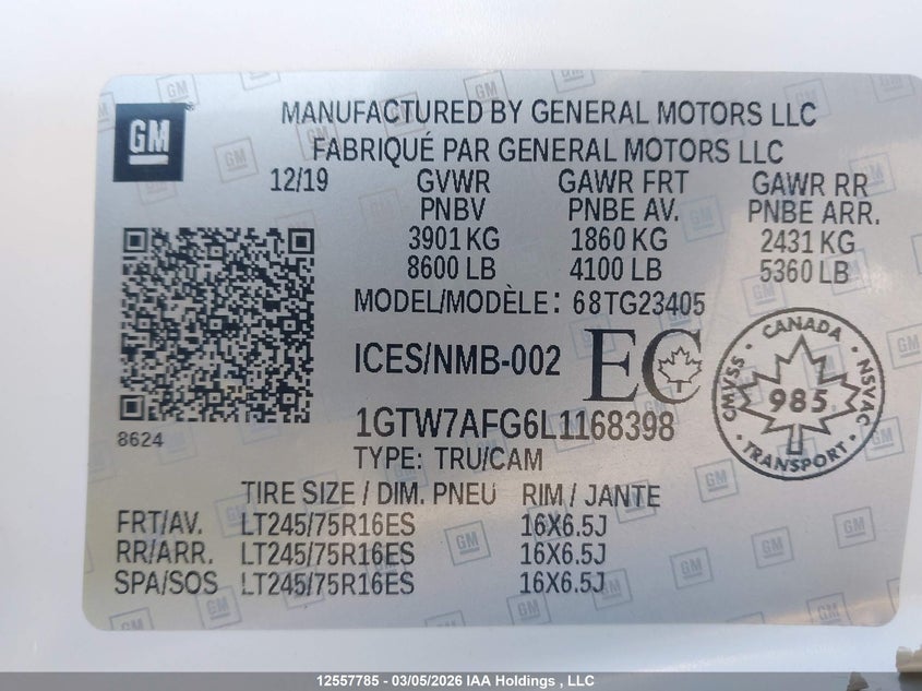 2020 GMC Savana G2500 VIN: 1GTW7AFG6L1168398 Lot: 12557785