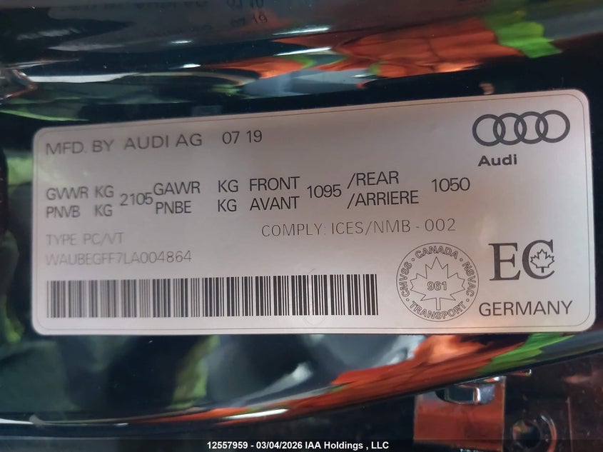 2020 Audi A3 VIN: WAUBEGFF7LA004864 Lot: 12557959