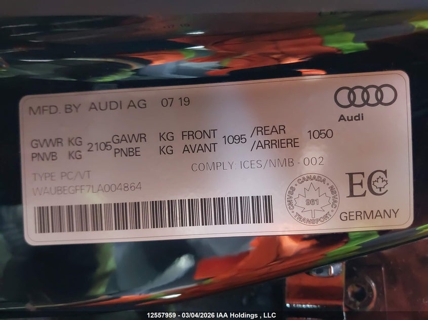 2020 Audi A3 VIN: WAUBEGFF7LA004864 Lot: 12557959