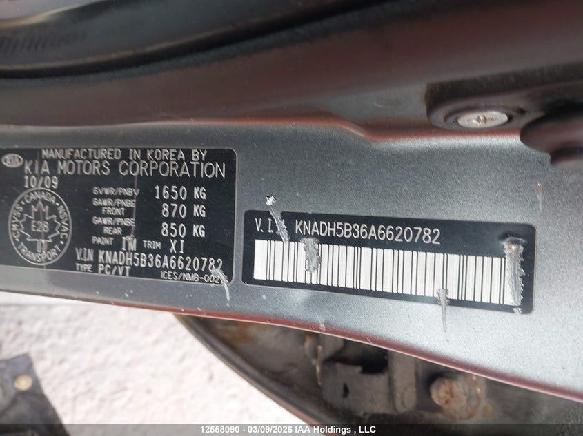 2010 Kia Rio Lx/Sx VIN: KNADH5B36A6620782 Lot: 12558090