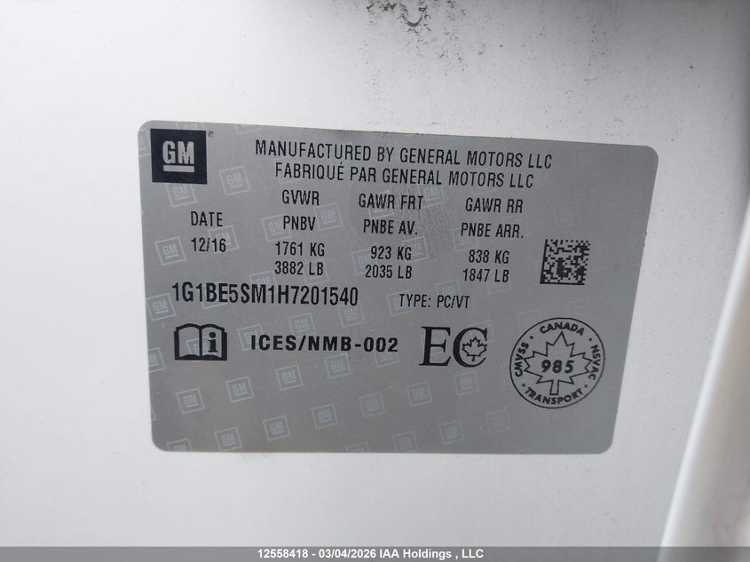 2017 Chevrolet Cruze Lt Auto VIN: 1G1BE5SM1H7201540 Lot: 12558418