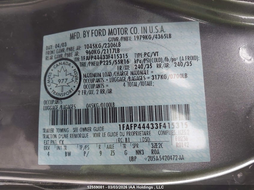 2003 Ford Mustang VIN: 1FAFP44433F415315 Lot: 12559081