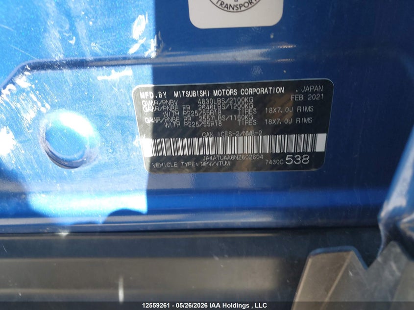 2022 Mitsubishi Eclipse Cross Es VIN: JA4ATUAA6NZ602604 Lot: 12559261