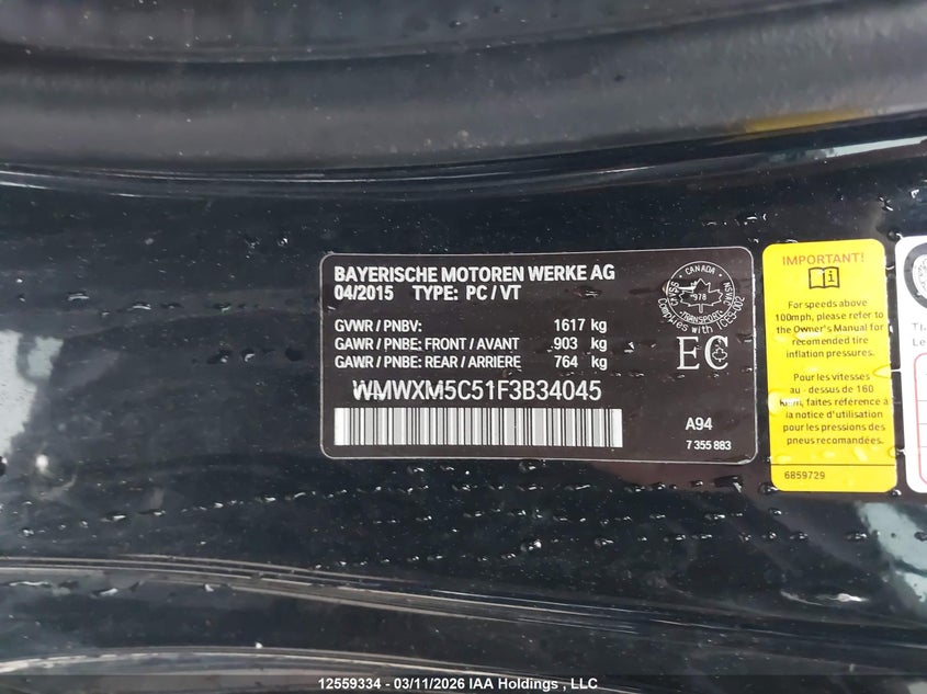 2015 Mini Cooper VIN: WMWXM5C51F3B34045 Lot: 12559334