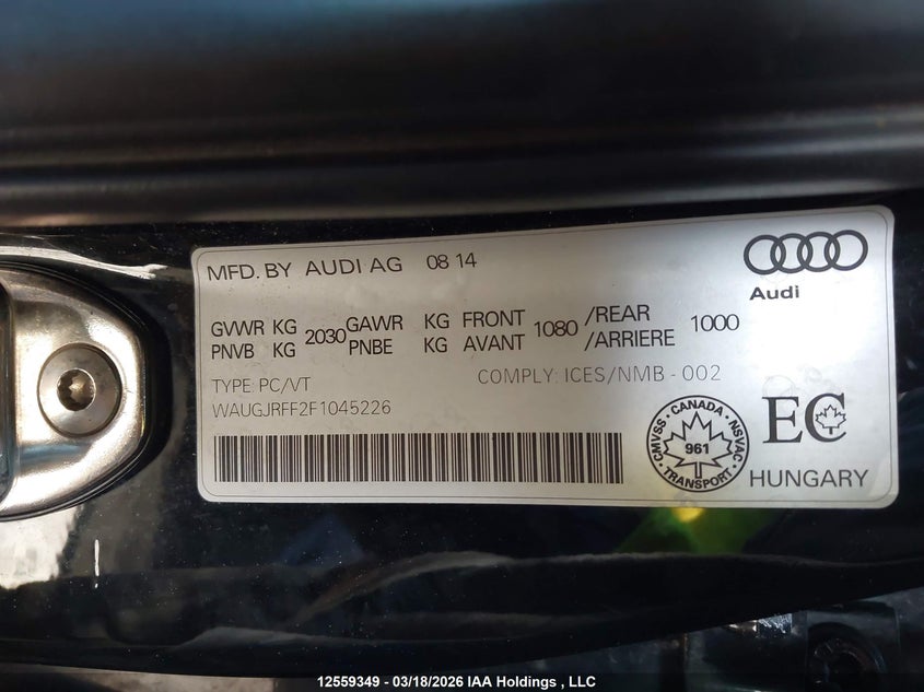 2015 Audi A3 2.0 Tdi Progressiv VIN: WAUGJRFF2F1045226 Lot: 12559349