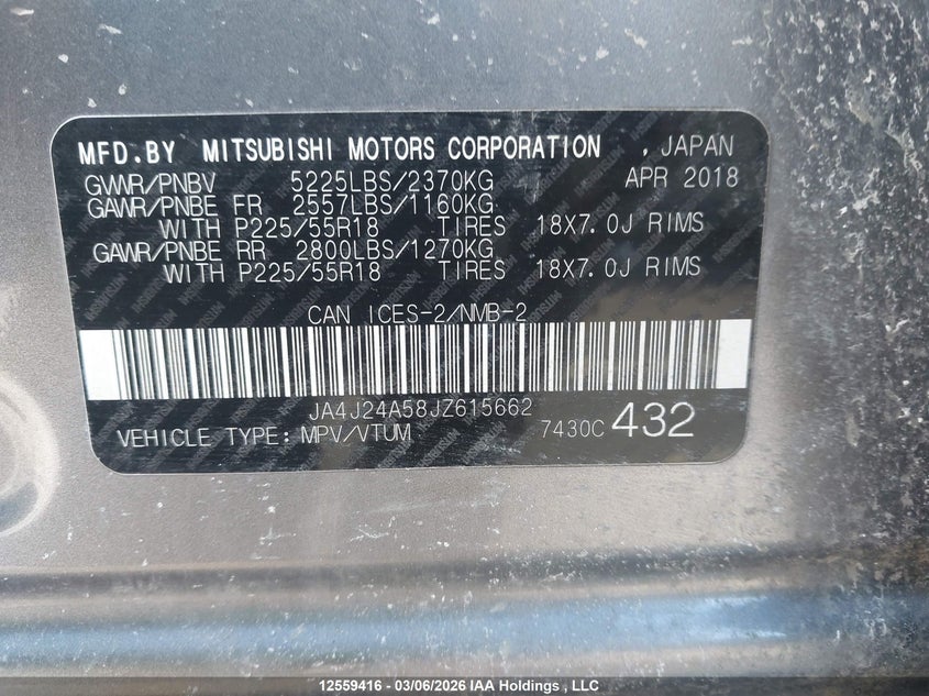 2018 Mitsubishi Outlander Phev VIN: JA4J24A58JZ615662 Lot: 12559416