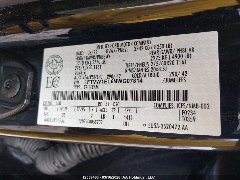 2022 Ford F-150 Lightning Xlt VIN: 1FTVW1EL6NWG07814 Lot: 12559463