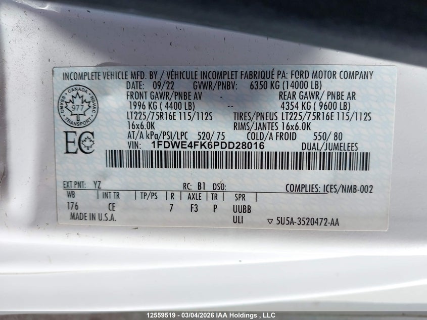 2023 Ford Econoline 7.3 E450 Super Duty Cutaway Van White Lot 111012559519 Vin 1FDWE4FK6PDD28016