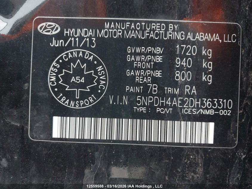 2013 Hyundai Elantra Gls VIN: 5NPDH4AE2DH363310 Lot: 12559588