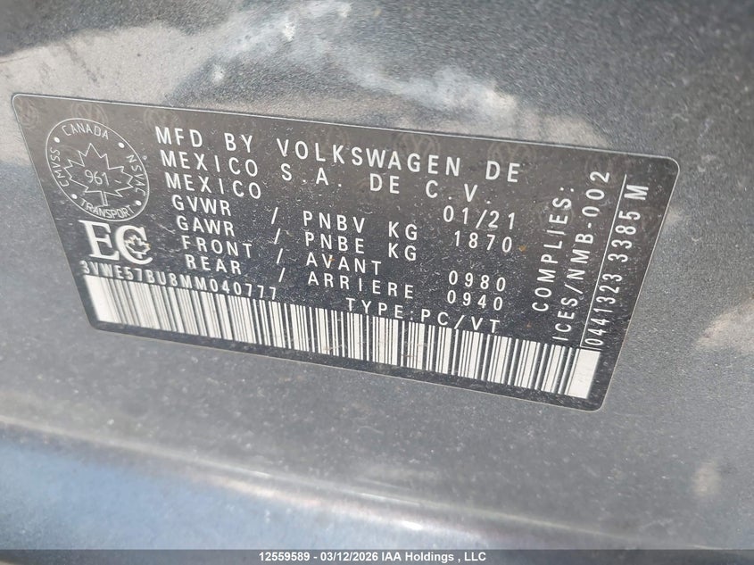 2021 Volkswagen Jetta Highline VIN: 3VWE57BU8MM040777 Lot: 12559589