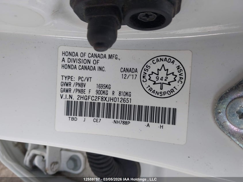 2018 Honda Civic VIN: 2HGFC2F8XJH012651 Lot: 12559757