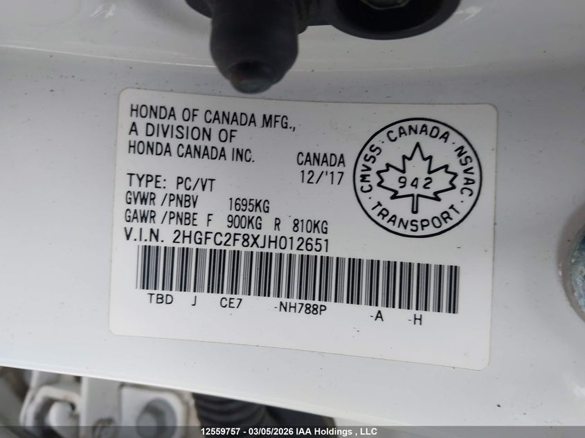 2018 Honda Civic VIN: 2HGFC2F8XJH012651 Lot: 12559757