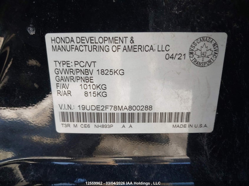 2021 Acura Ilx Premium/Technology VIN: 19UDE2F78MA800288 Lot: 12559962