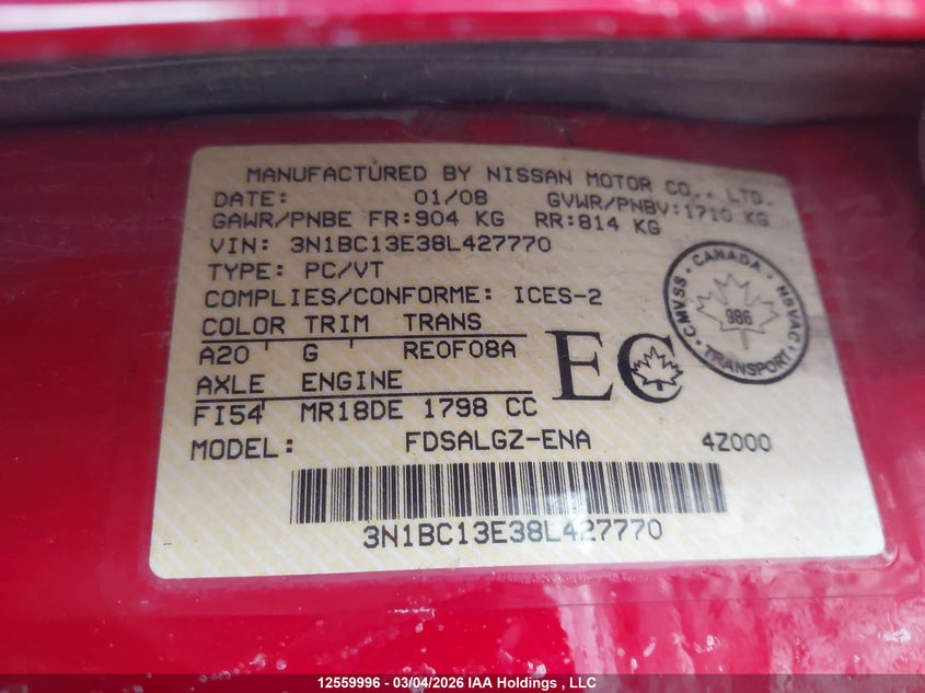 2008 Nissan Versa S/Sl VIN: 3N1BC13E38L427770 Lot: 12559996