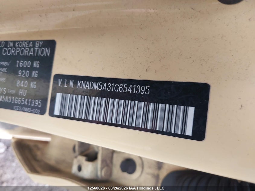 2016 Kia Rio Ex/Ex+ W/Sunroof/Lx/Lx+/Lx+ Eco/Sx VIN: KNADM5A31G6541395 Lot: 12560028