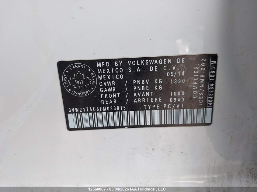 2015 Volkswagen Golf VIN: 3VW217AU6FM033815 Lot: 12560067