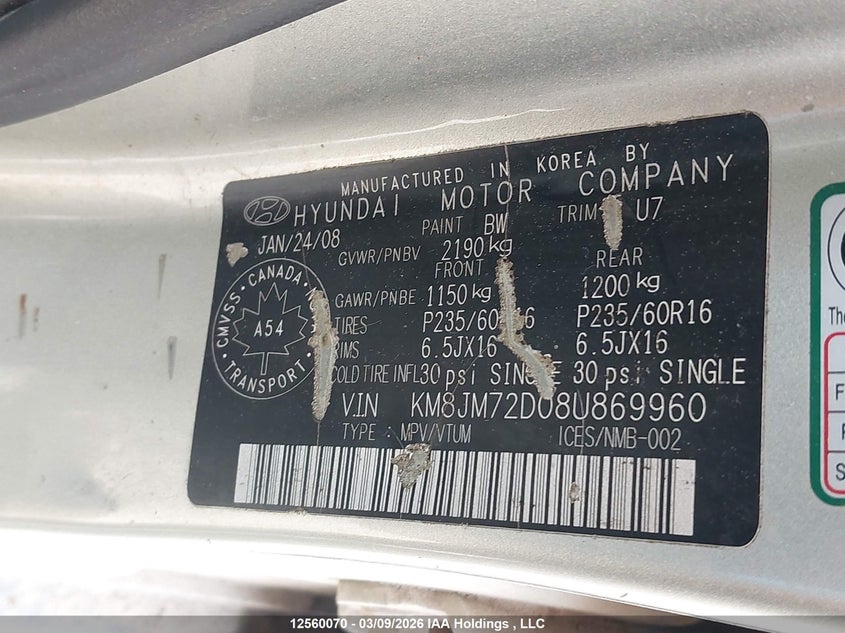 2008 Hyundai Tucson Gl V6/Limited VIN: KM8JM72D08U869960 Lot: 12560070