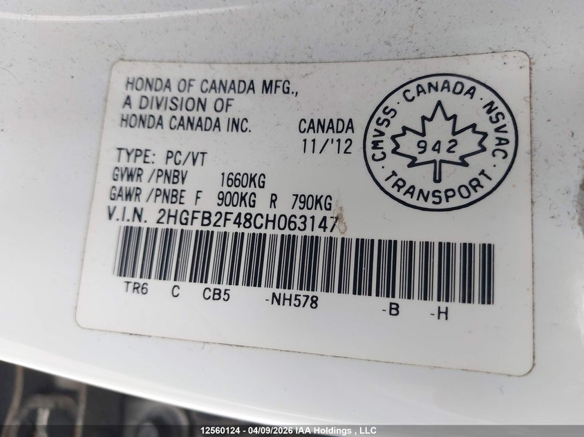 2012 Honda Civic VIN: 2HGFB2F48CH063147 Lot: 12560124