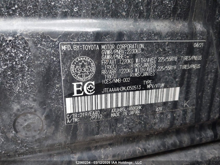 2021 Toyota Venza Le/Xle/Limited VIN: JTEAAAAH3MJ050513 Lot: 12560234