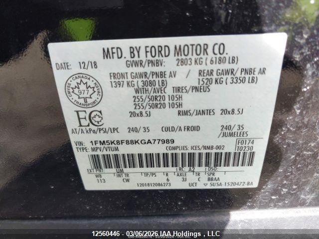 2019 Ford Explorer Limited VIN: 1FM5K8F88KGA77989 Lot: 12560446