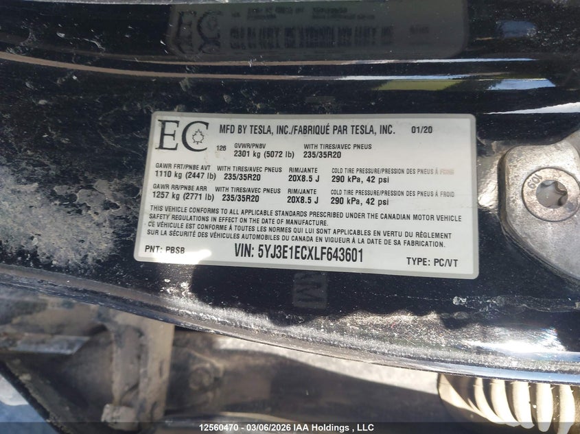 2020 Tesla Model 3 Performance VIN: 5YJ3E1ECXLF643601 Lot: 12560470