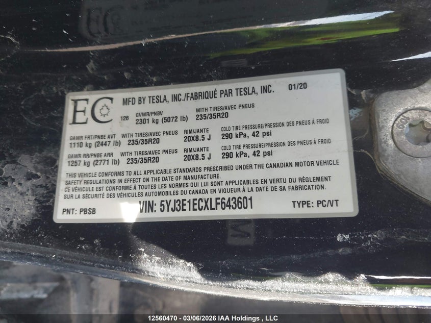 2020 Tesla Model 3 Performance VIN: 5YJ3E1ECXLF643601 Lot: 12560470