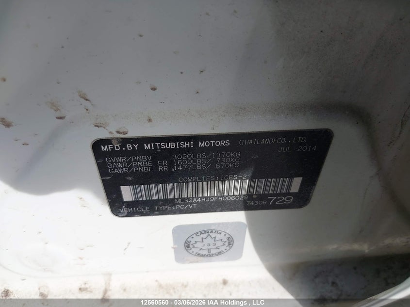 2015 Mitsubishi Mirage Es VIN: ML32A4HJ9FH006029 Lot: 12560560