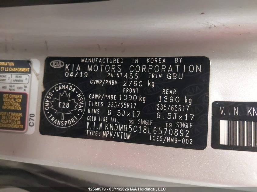 2020 Kia Sedona Lx/Ex VIN: KNDMB5C18L6570892 Lot: 12560579