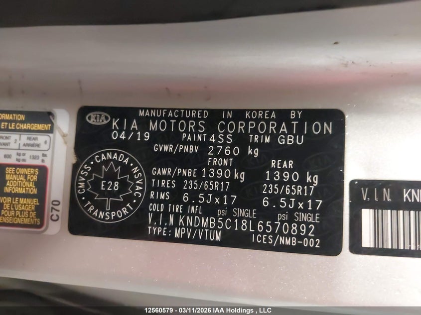 2020 Kia Sedona Lx/Ex VIN: KNDMB5C18L6570892 Lot: 12560579