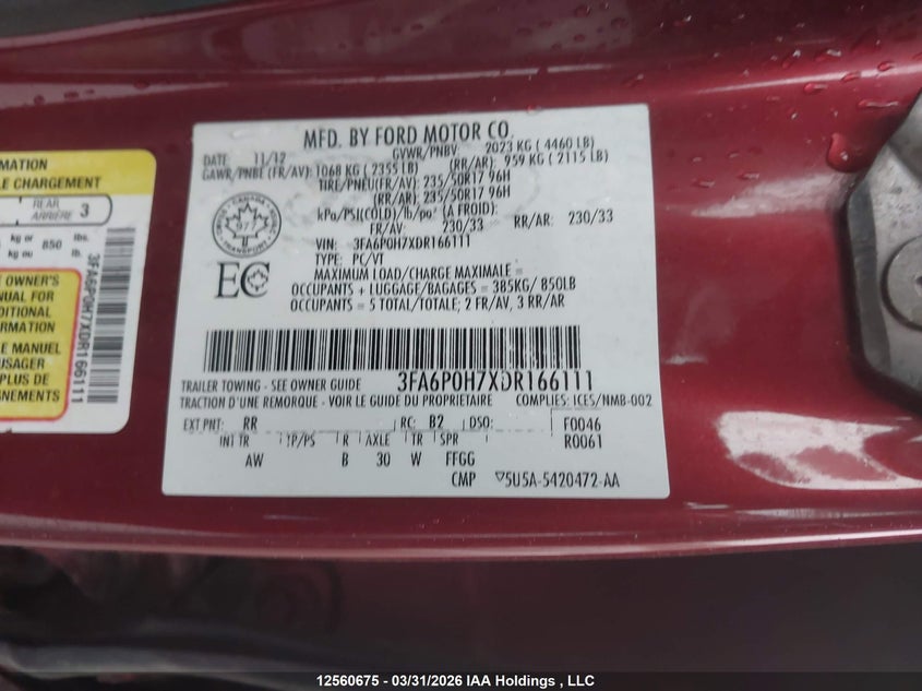 2013 FORD FUSION SEDAN 2.5L I4 FI DOHC 16V NF4