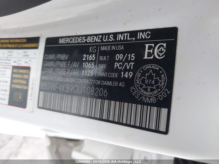 2016 Mercedes-Benz C 300 4Matic VIN: 55SWF4KB9GU108206 Lot: 12560694