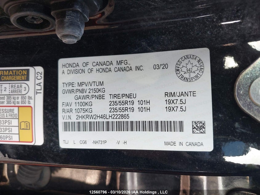 2020 Honda Cr-V Sport VIN: 2HKRW2H46LH222865 Lot: 12560796