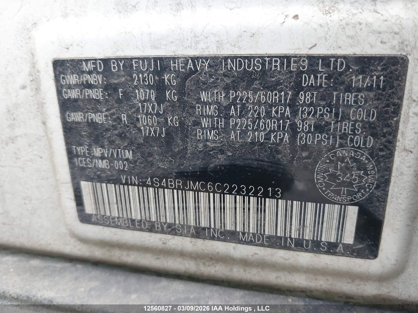 2012 Subaru Outback 3.6R Limited VIN: 4S4BRJMC6C2232213 Lot: 12560827