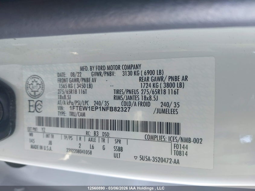 2022 Ford F-150 Xl VIN: 1FTEW1EP1NFB82327 Lot: 12560890