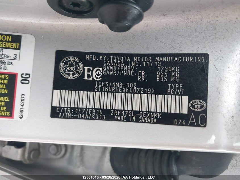 2014 Toyota Corolla L/Le/Le Pls/Prm/S/S Pls VIN: 2T1BURHEXEC072192 Lot: 12561015