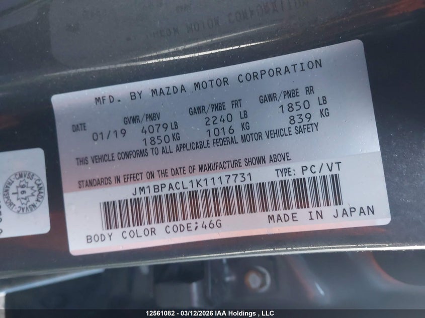 2019 Mazda 3 Preferred Plus VIN: JM1BPACL1K1117731 Lot: 12561082