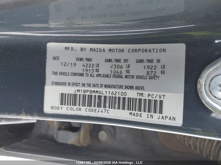 2020 Mazda 3 Preferred VIN: JM1BPBMM6L1162100 Lot: 12561180